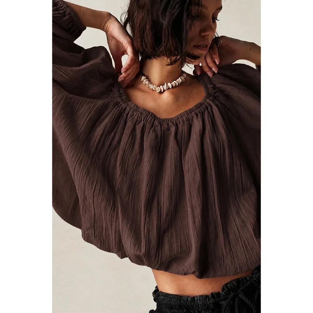 Free People We The Free All About The Bubble in French Roast Blouse XS